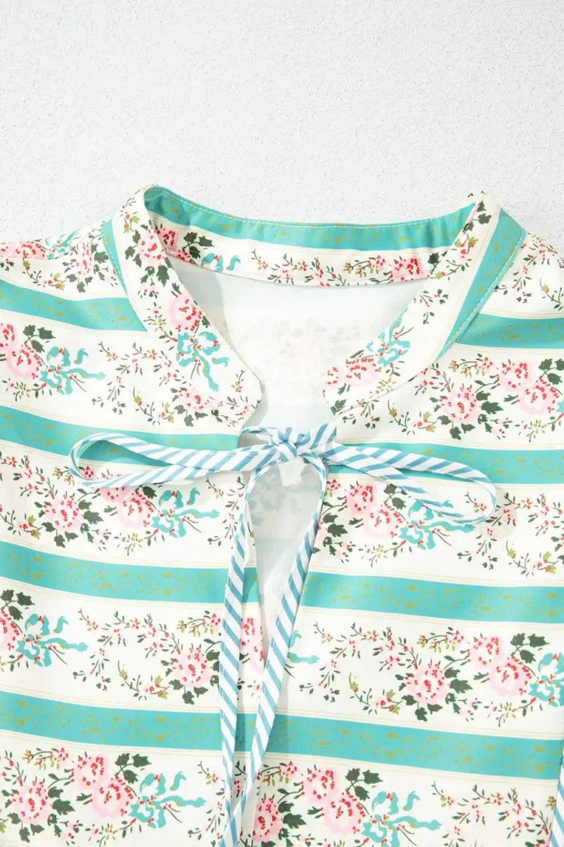 Striped Floral Print Tie Neck Puff Sleeve Midi Dress For Women - Love Salve